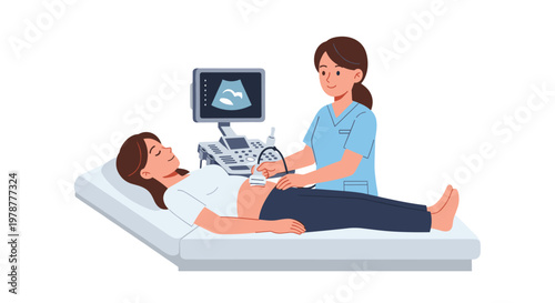 A skilled nurse wearing light blue scrubs uses a handheld transducer to perform a routine abdominal scan on a patient resting on a white medical bed.