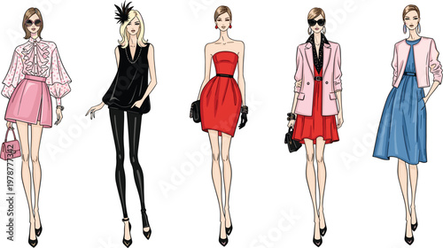 Fashion illustration set of elegant women in stylish summer outfits including dresses, blazers, skirts, and accessories for modern lifestyle and boutique apparel concepts.