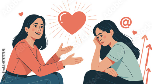 Young woman comforting her sad friend with emotional support and empathy, mental health awareness concept flat vector illustration isolated on white.