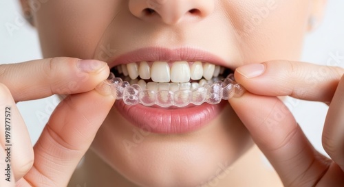 Invisible dental aligners for teeth straightening, woman wearing clear plastic orthodontic tray, dental correction and oral hygiene concept