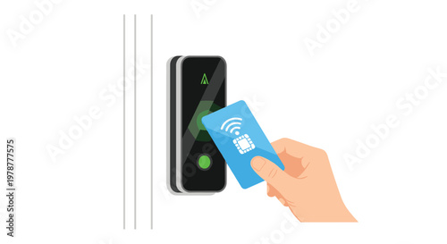 A hand holds a blue electronic key card with a visible chip icon against a black wall-mounted proximity reader featuring a glowing green status light.