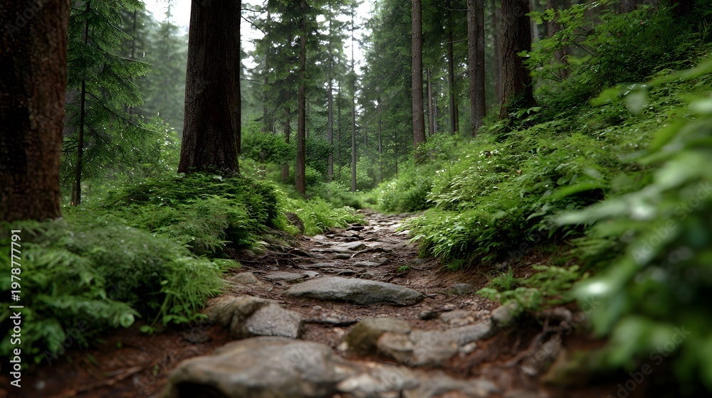 Fototapeta premium A winding rocky path descends through a lush temperate forest flanked by towering trees and deep greenery