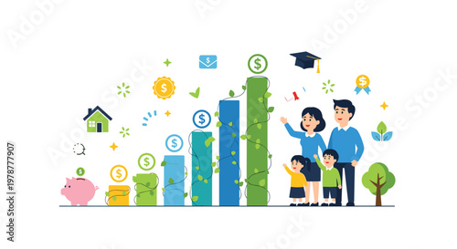 A joyful young family stands proudly next to a growing financial bar chart decorated with green vines and various icons for home and education.