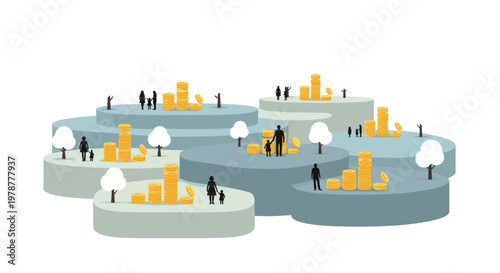 Small black silhouette families stand on multiple tiered circular platforms featuring stacks of golden coins and minimalist white trees on a clean background.