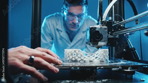 Man in lab coat examines 3D printer producing industrial object closely