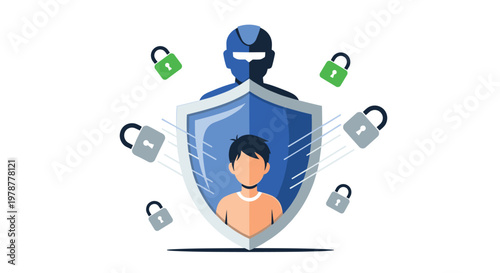A sturdy blue shield protects a young man from multiple floating padlocks while a mysterious dark ninja figure looms in the white background.