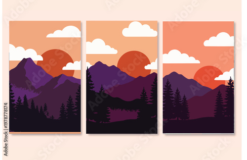 Flat Pastel Vector Landscape Triptych Set of 3 Minimalist Wall Art