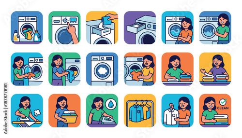 Laundry and cleaning icons with people.