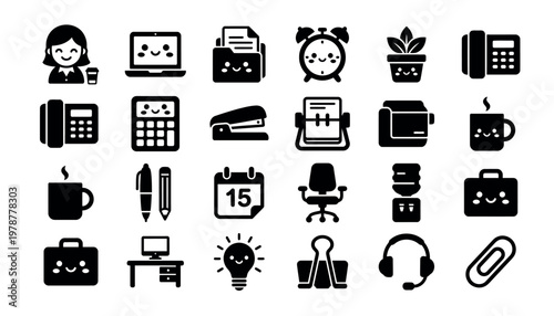 Black and white office icons set.