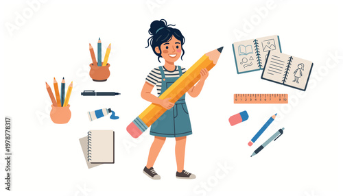 A young girl with a large pencil and school supplies.