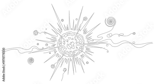 Abstract Cosmic Explosion Drawing, Radiant Star Burst with Swirling Elements