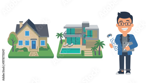 a man holding blueprints next to two houses.