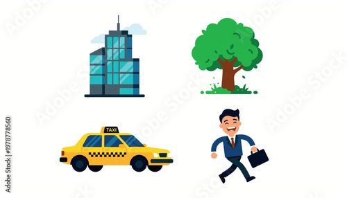 City life icons with building, tree, taxi, businessman.