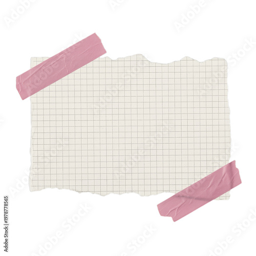 Torn piece of graph paper with pink tape on transparent background