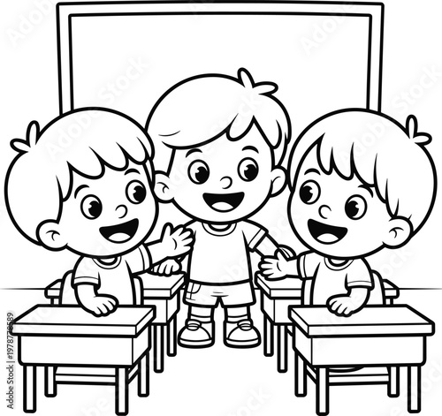 Black and white outline illustration of happy children interacting and talking in a classroom