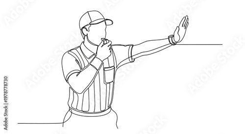 Referee Blowing Whistle and Signaling Stop with Hand, Sports Game Official, Line Drawing