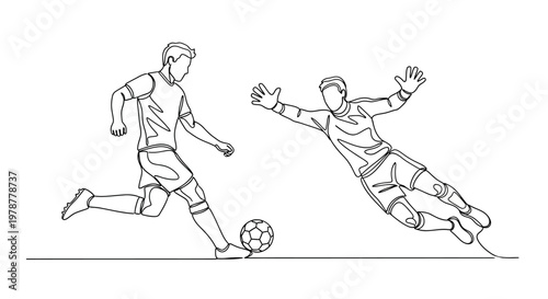 Continuous line drawing of soccer players, one kicking the ball, the other diving to save.