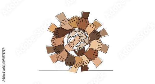 Diverse Hands Forming Circle Around Soccer Ball - Unity and Global Sports Concept