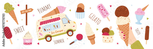 Summer Ice Cream set with sweet desserts and cute food elements. Ice cream truck, cones, gelato and hand holding waffle cone. Seasonal banner, poster. Vector illustration isolated on white background.