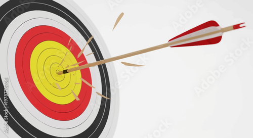 Arrow Hitting Bullseye on Archery Target, Isolated White Background, Success Concept