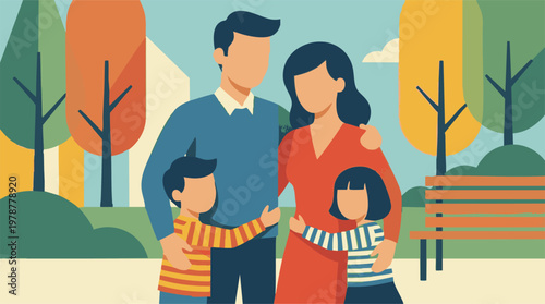 Happy family with two children embracing in an autumnal urban park illustration