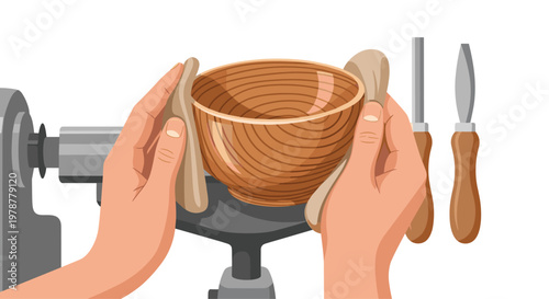 A skilled artisan carefully holds a freshly turned wooden bowl on a mechanical lathe surrounded by professional carving tools against a clean white backdrop.