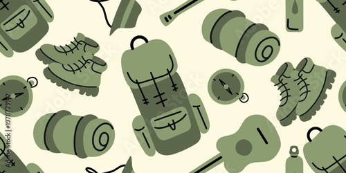 Seamless pattern with camping gear including backpacks, boots, sleeping bags, compass and guitar. Perfect for outdoor, hiking, textile print and adventure design.
