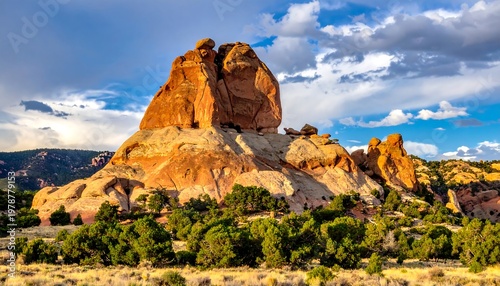 Majestic sandstone formation under a vibrant blue sky with scattered clouds.