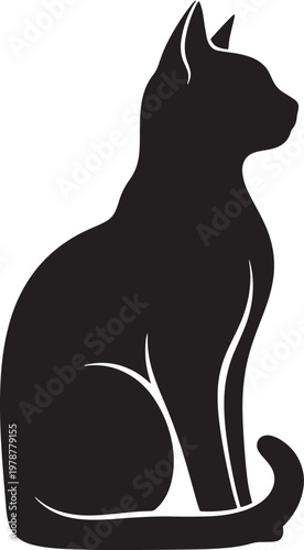 Black silhouette of a sitting cat with black and white