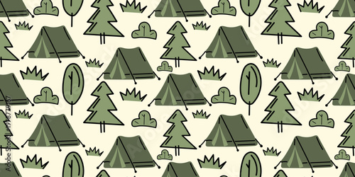 Seamless vector camping pattern with green tents and forest trees. Cute outdoor design perfect for kids products, textile print, wallpaper and travel themed packaging.