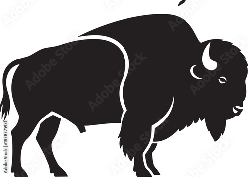Black silhouette of a bison with black and white with north america