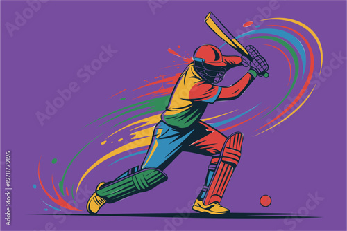 Colorful illustration of a cricket player batting, with vibrant swirling paint strokes and splashes in background, symbolizing sports energy and action