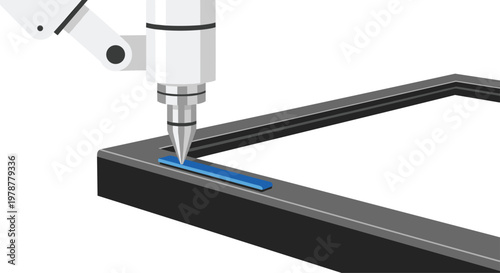 An automated industrial machine head applies a precise blue sealant strip onto the dark corner of a structural frame during a high-speed manufacturing process.