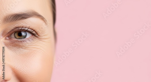 Close-up of a womans eye with visible wrinkles on a pink background.