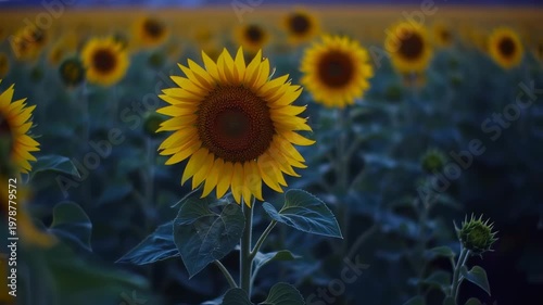 Close-up of a sunflower in a field, with blurred background of other sunflowers