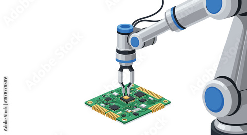 A sophisticated industrial robotic arm performs high-precision assembly by placing a tiny microchip onto a complex green circuit board in a sterile environment.