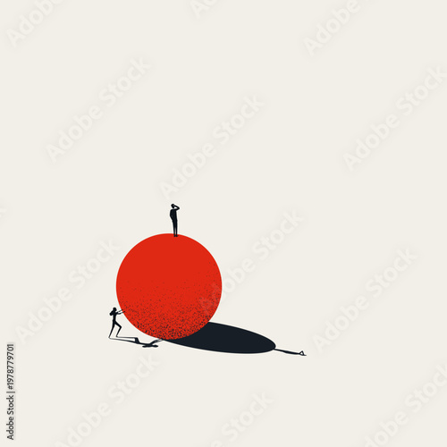 Minimal vector illustration concept of a woman pushing a giant ball with a man standing on top. Symbol of gender inequality, discrimination, and exploitation in business. Bold red and white design.