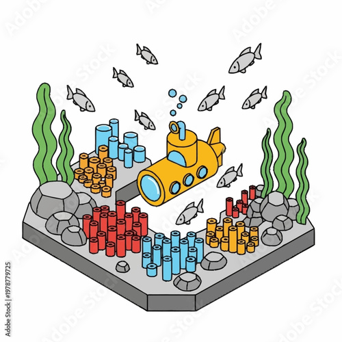 Yellow submarine with blue windows underwater.