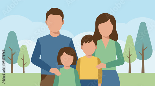 Happy family with two children enjoying time outdoors, flat vector illustration