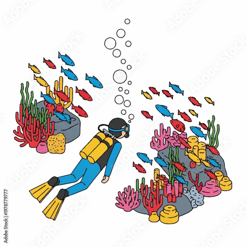 Scuba diver exploring coral reef underwater.