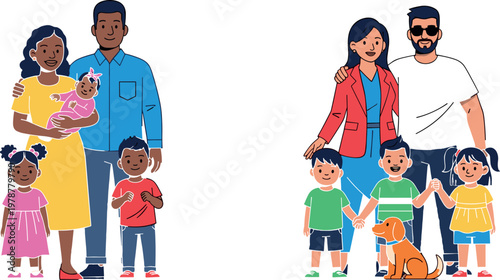 Diverse Family Illustration with Parents, Children, and Dog in Casual Outfits for Family Lifestyle, Pet Care, and Social Media Designs