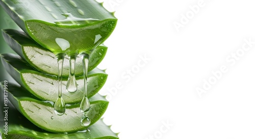 Fresh Aloe Vera Slices with Gel Dripping Down on White Background.