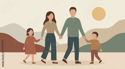 Family walking together: parents and two children holding hands