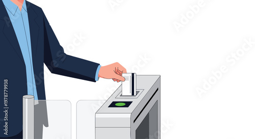 A professional individual wearing a dark business suit inserts a white identification card into an electronic turnstile reader at a modern office building entrance.