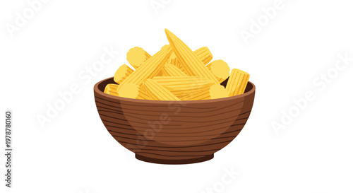A rustic brown wooden bowl is filled with a vibrant heap of yellow baby corn cobs and small circular slices on a plain white background for cooking.