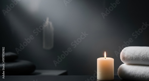 Serene Spa Ambiance with Lit Candle and Soft Towels for Relaxation.