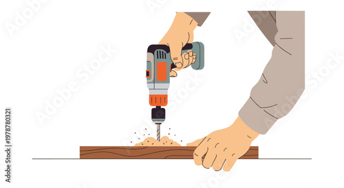 Skilled hands firmly grip a modern grey and orange cordless power drill while precisely boring a hole into a dark textured wooden plank with dust.