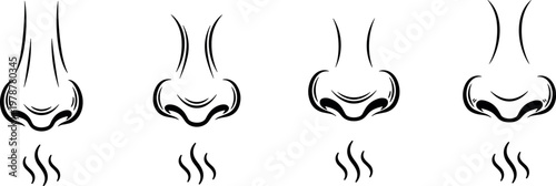 Nose smell icons set with scent waves illustrating odor aroma detection and fragrance concept in simple line style