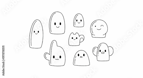 Cute cartoon characters with happy faces and simple shapes.