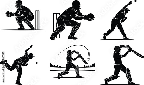 Flat design cricket player sequence in action poses on white background